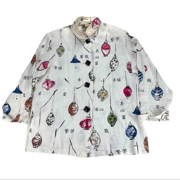 Painted Pony 100% Linen Shirt Shacket Sz M Chinese Lantern Asian Characters USA - Picture 1 of 14